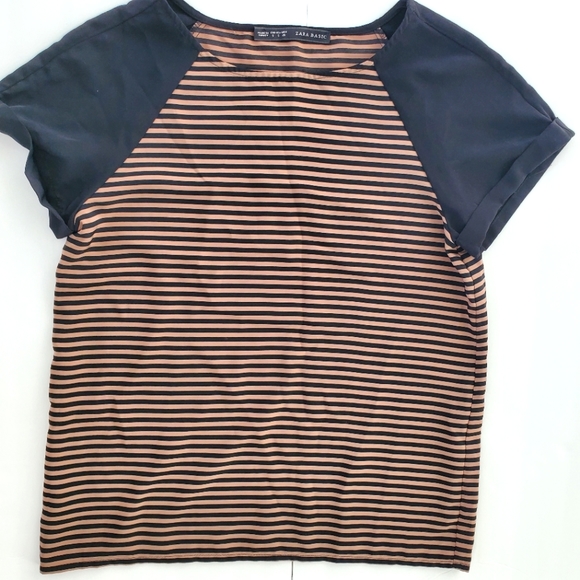 Zara basic black brown striped short sleeve top Small